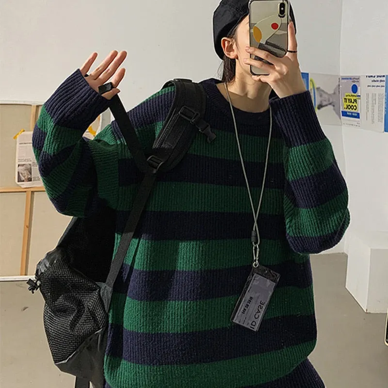 Fashionkova  Autumn Winter Striped Knitted Sweater Women Casual Oversized Pullover Sweaters Couple Harajuku Streetwear Loose Warm Jumper