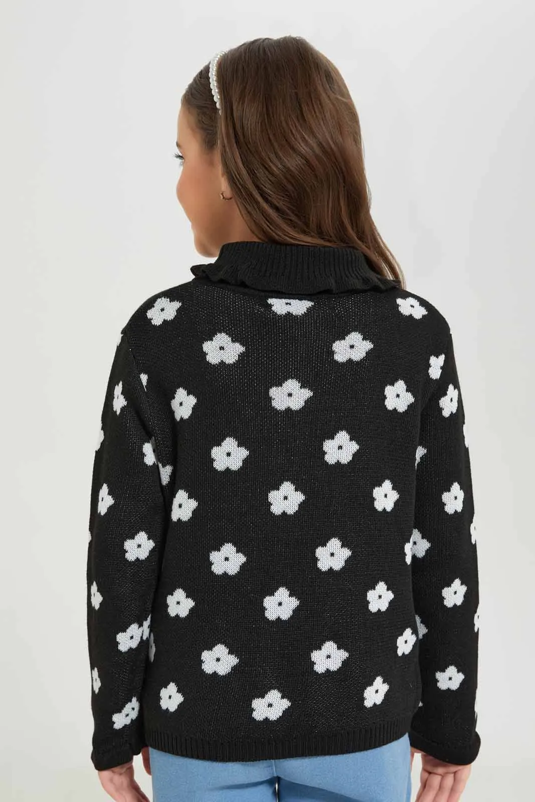 Girls Balck Floral Turtleneck Pullover