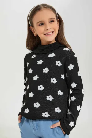 Girls Balck Floral Turtleneck Pullover