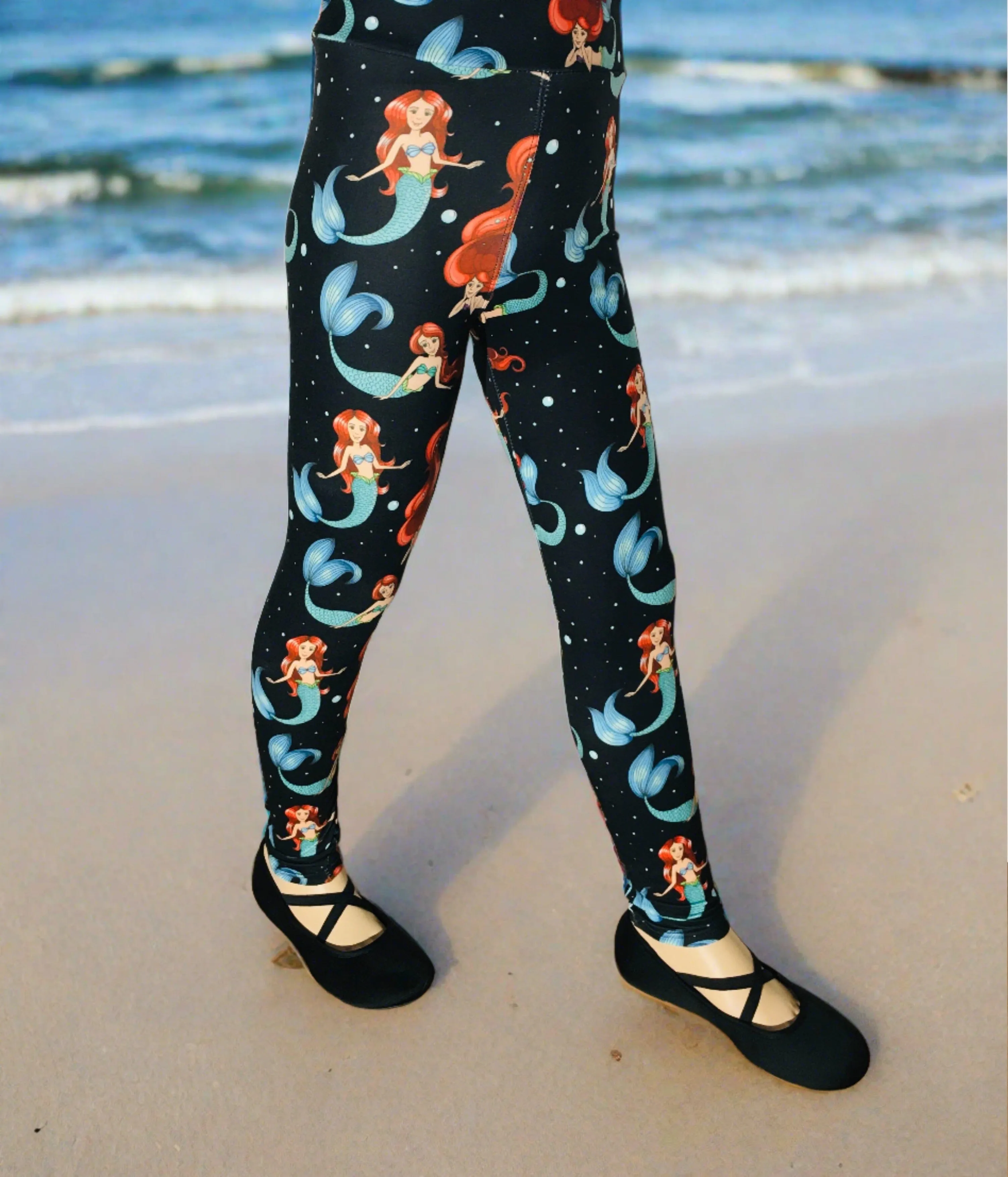 Girls Mermaid Leggings, Kids Yoga Pants, Sizes S/L, Yoga Waist, Black/Multi, Exclusive Leggings