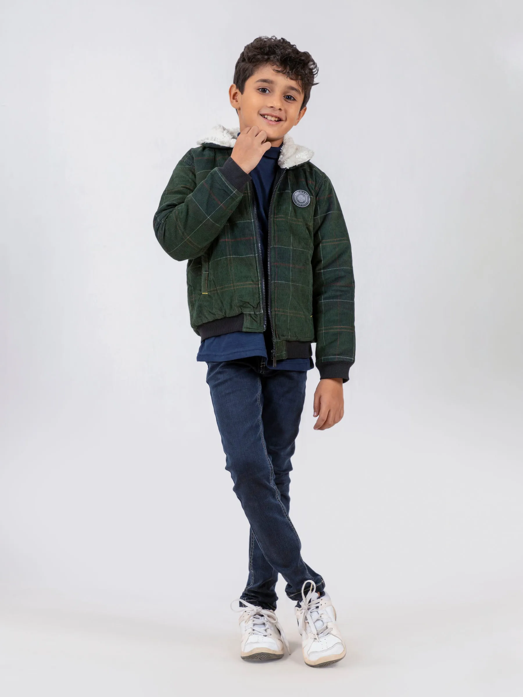 Green Corduroy Quilted Jacket With Sherpa Collar - Unisex