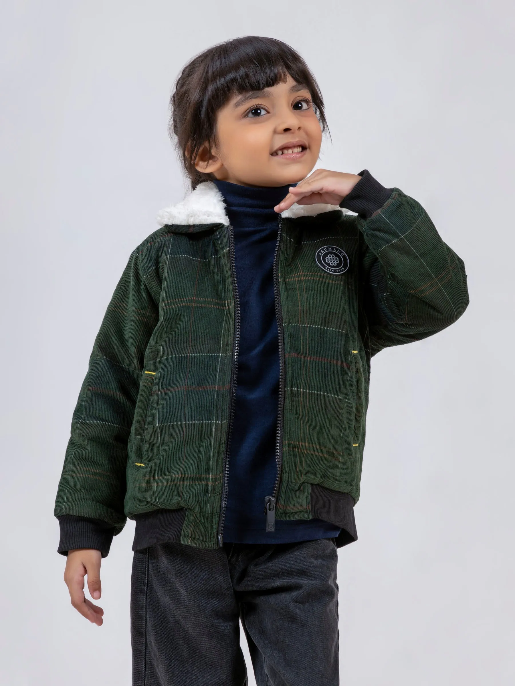 Green Corduroy Quilted Jacket With Sherpa Collar - Unisex