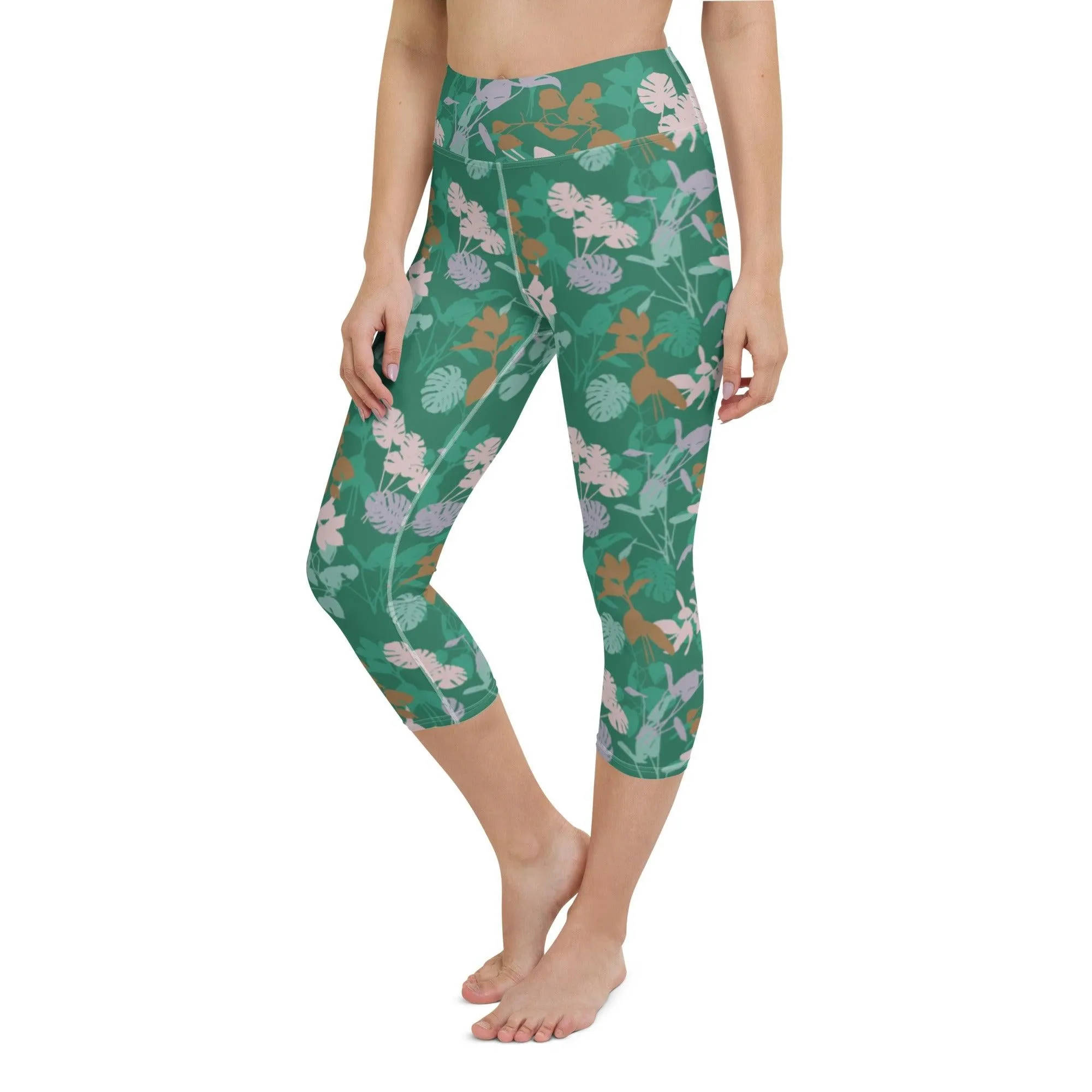 Green Floral Women's Capri Yoga Pants