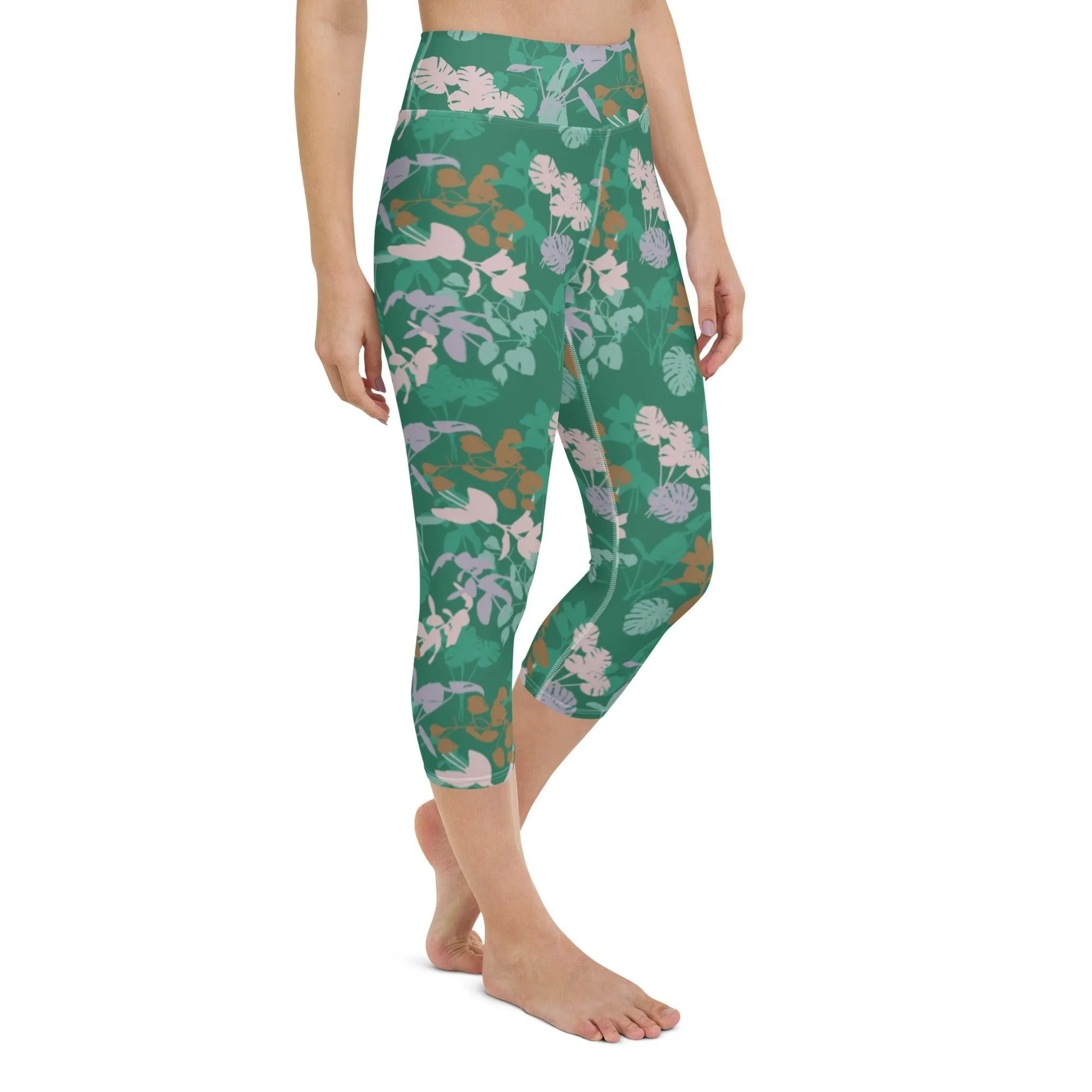 Green Floral Women's Capri Yoga Pants