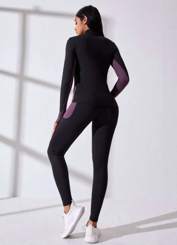 Gym Bunny Black & Purple Zip Front Long Sleeve Gym Set