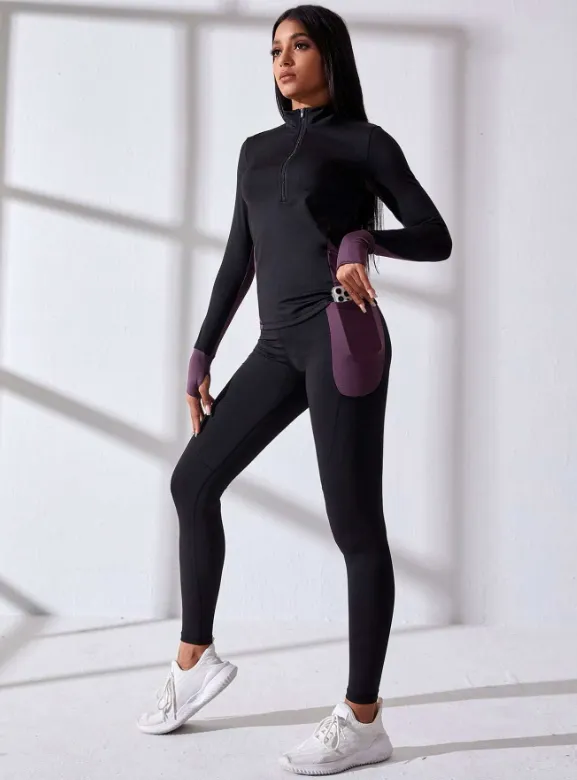 Gym Bunny Black & Purple Zip Front Long Sleeve Gym Set