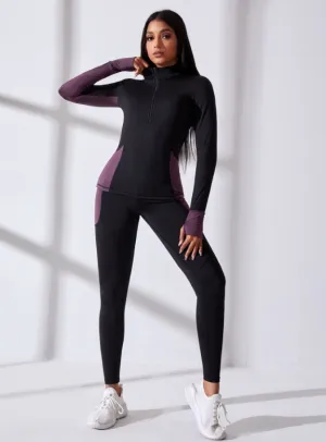 Gym Bunny Black & Purple Zip Front Long Sleeve Gym Set