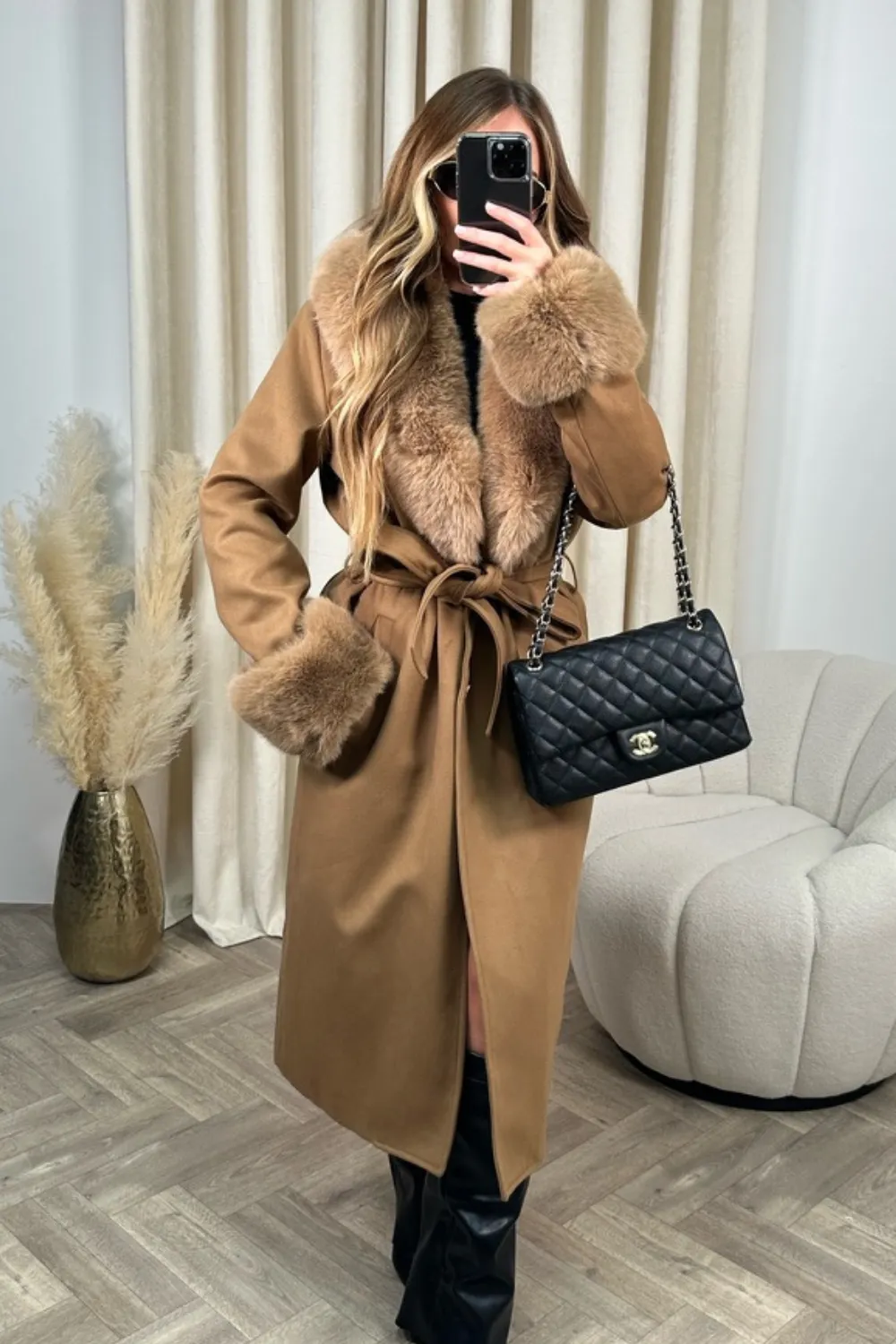 Hazel camel felt faux fur long coat