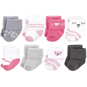 Hudson Baby Cotton Rich Newborn and Terry Socks, Bear Girl 8-Pack