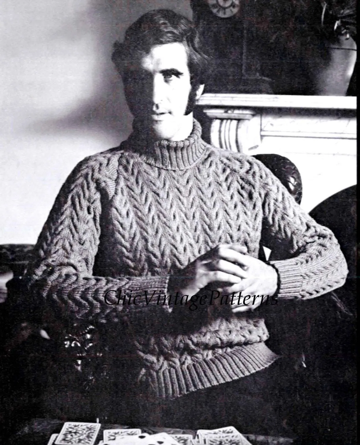 Knitted Men's Sweater Pattern, Cable Jumper with Polo Collar, Instant Download