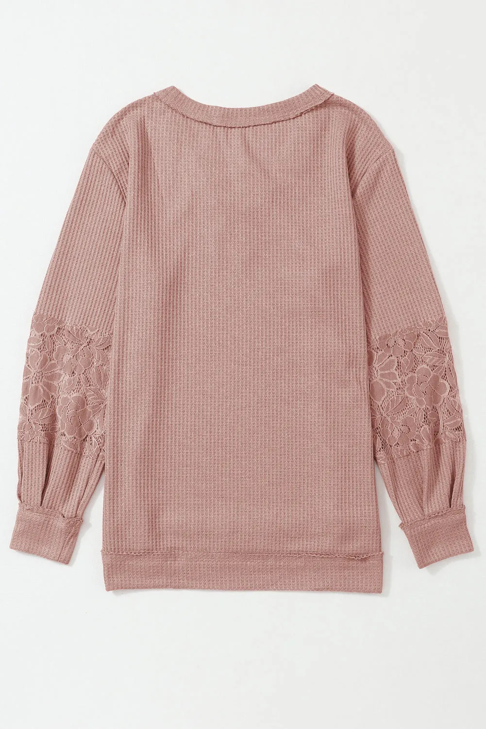 Lace Waffle V Neck Long Sleeve Top