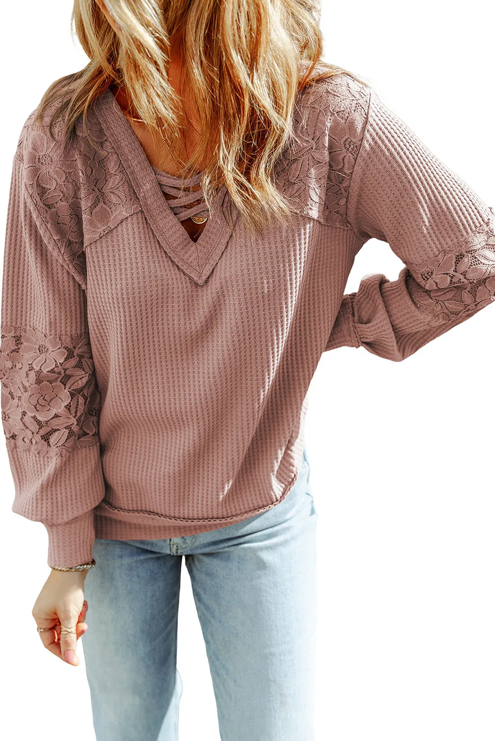 Lace Waffle V Neck Long Sleeve Top