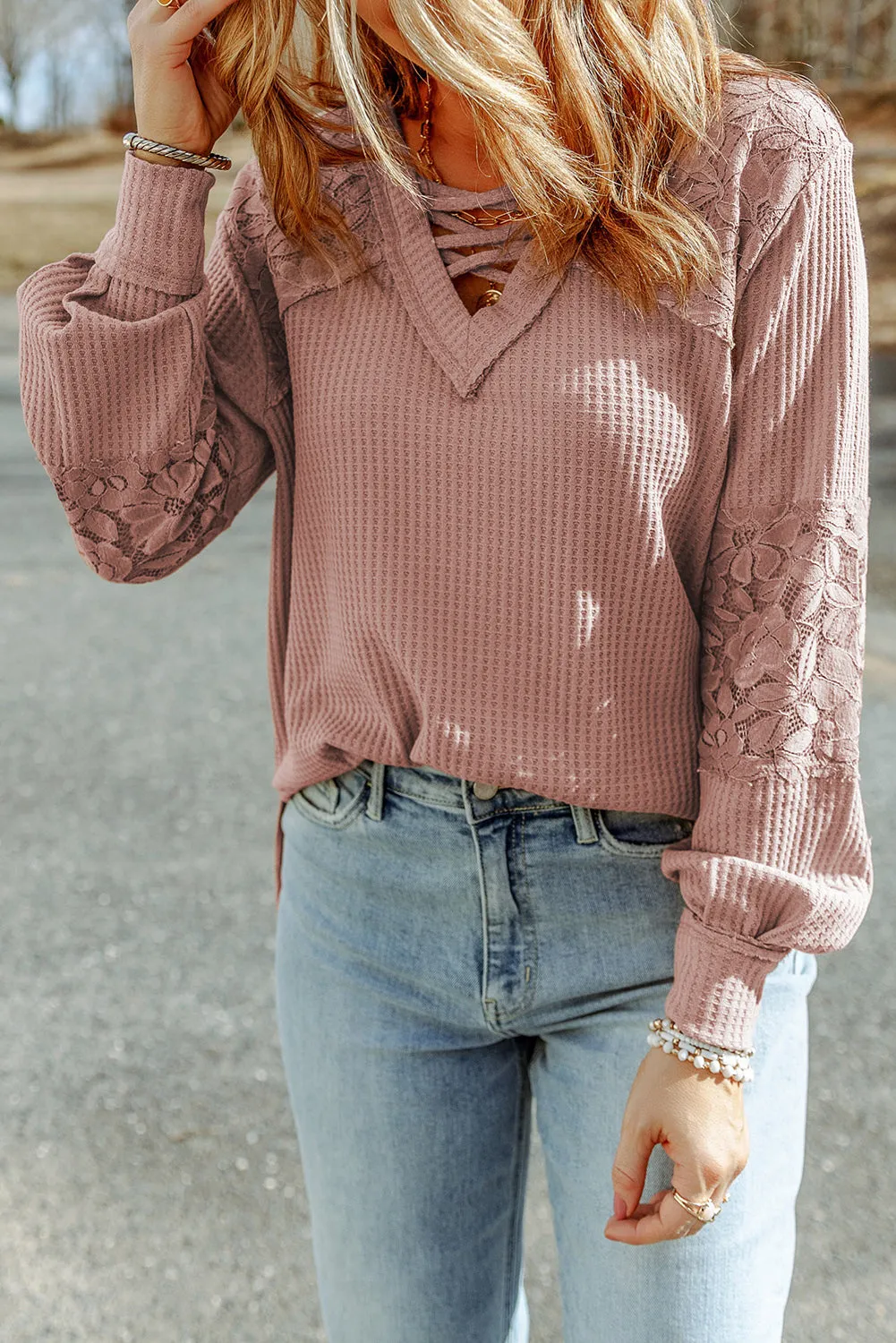 Lace Waffle V Neck Long Sleeve Top