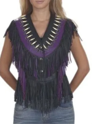 Ladies Black/Purple Leather Top with Beads, Bone, Braids and Fringes