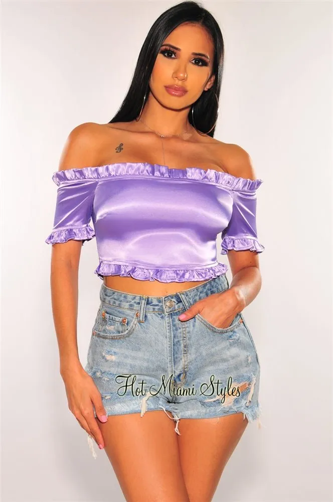 Lavender Satin Off Shoulder Ruffle Crop Top