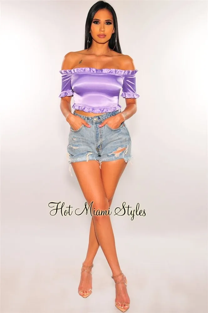 Lavender Satin Off Shoulder Ruffle Crop Top