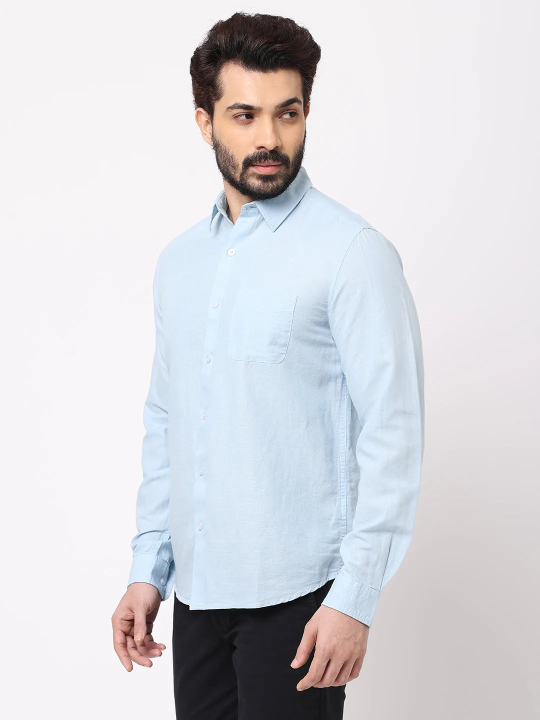 Men's 100% Linen Sky Blue Regular Fit Striped Shirt