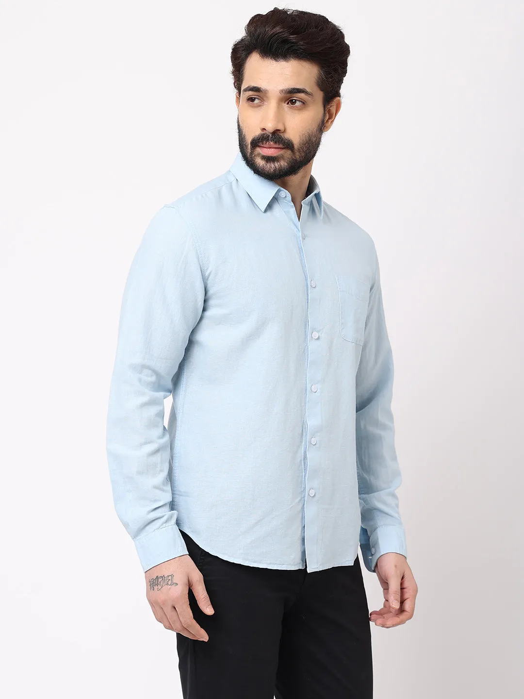 Men's 100% Linen Sky Blue Regular Fit Striped Shirt