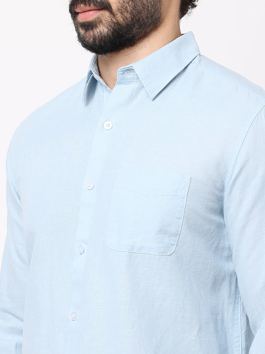 Men's 100% Linen Sky Blue Regular Fit Striped Shirt