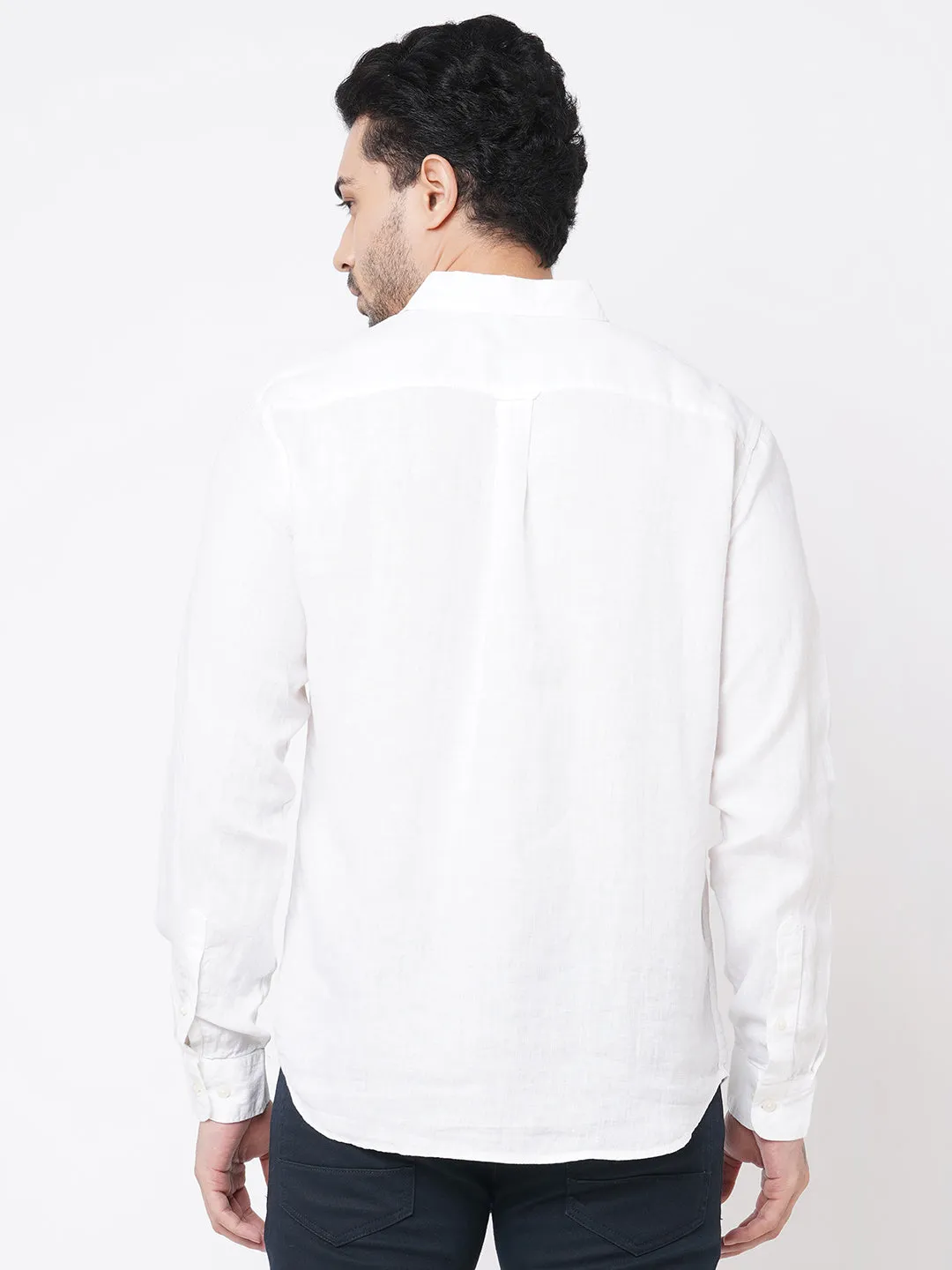 Men's 100% Linen White Regular Fit Long Sleeved Shirt