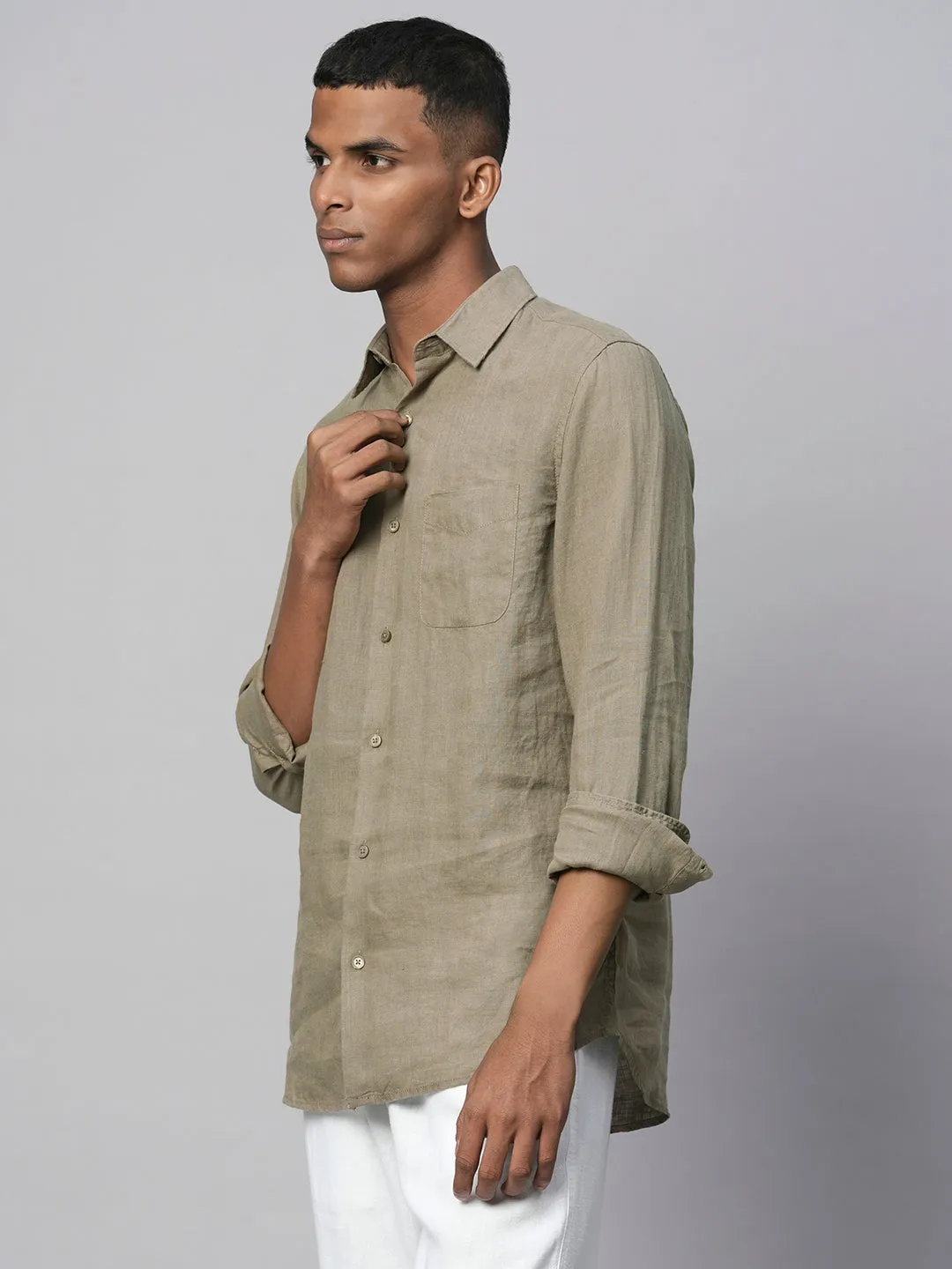 Men's Brown 100% Linen Regular Fit Long Sleeved Shirt