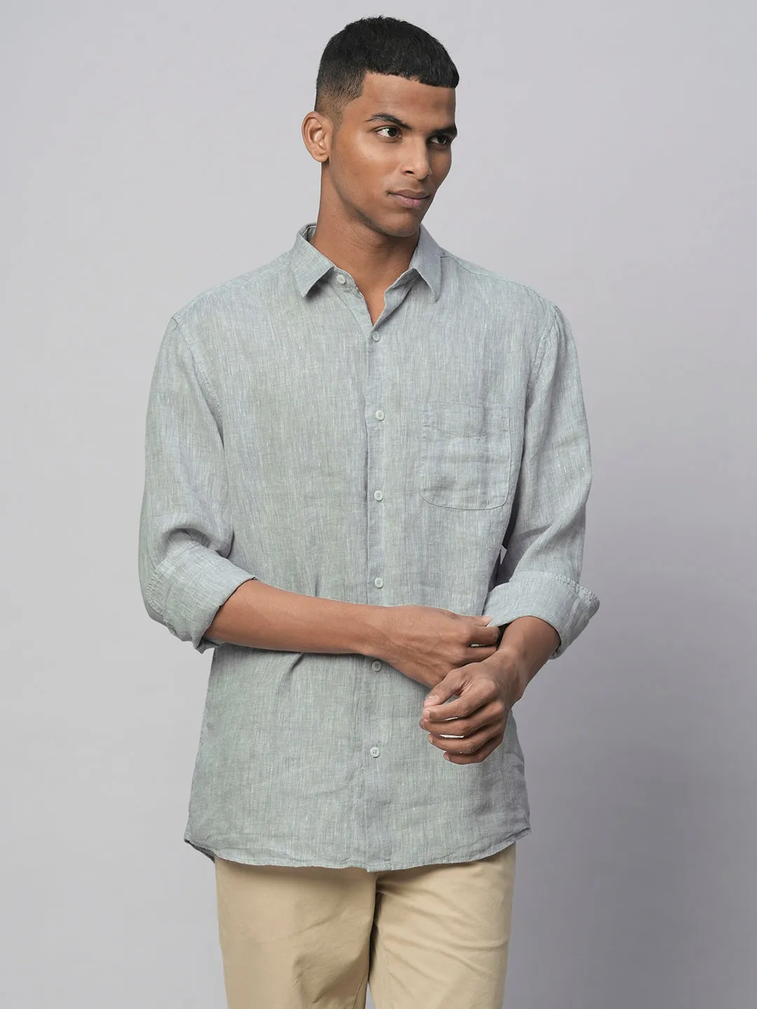 Men's Grey 100% Linen Linen Regular Fit Long Sleeved Shirt