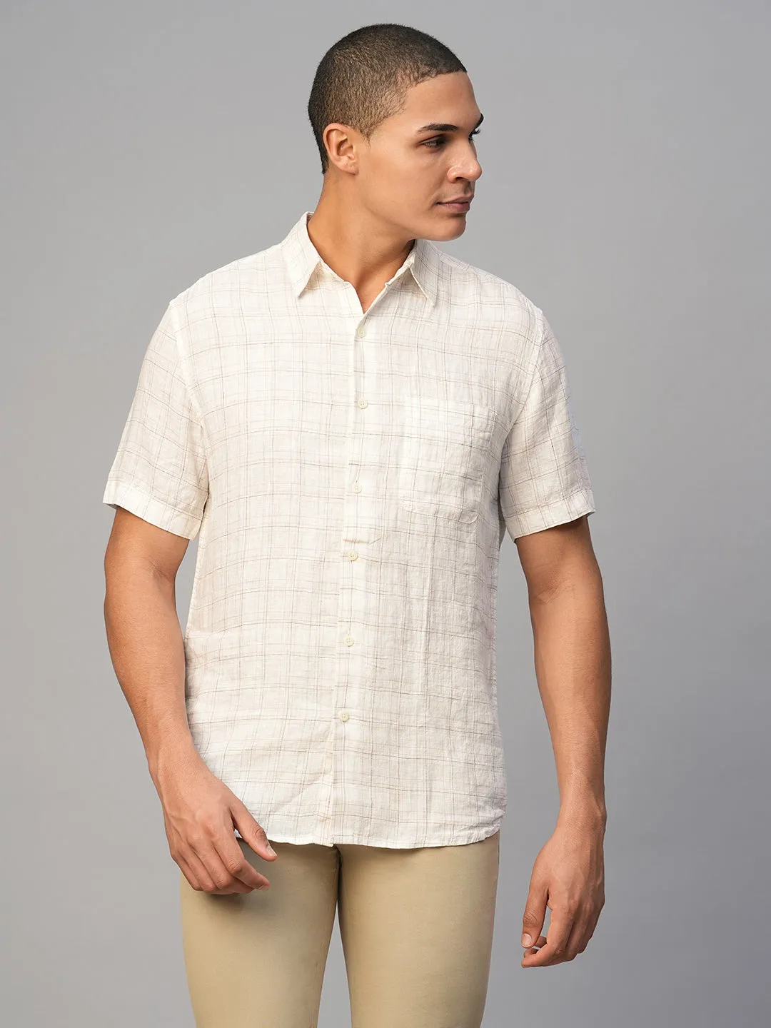 Men's White 100% Linen Regular Fit Checked Shirt