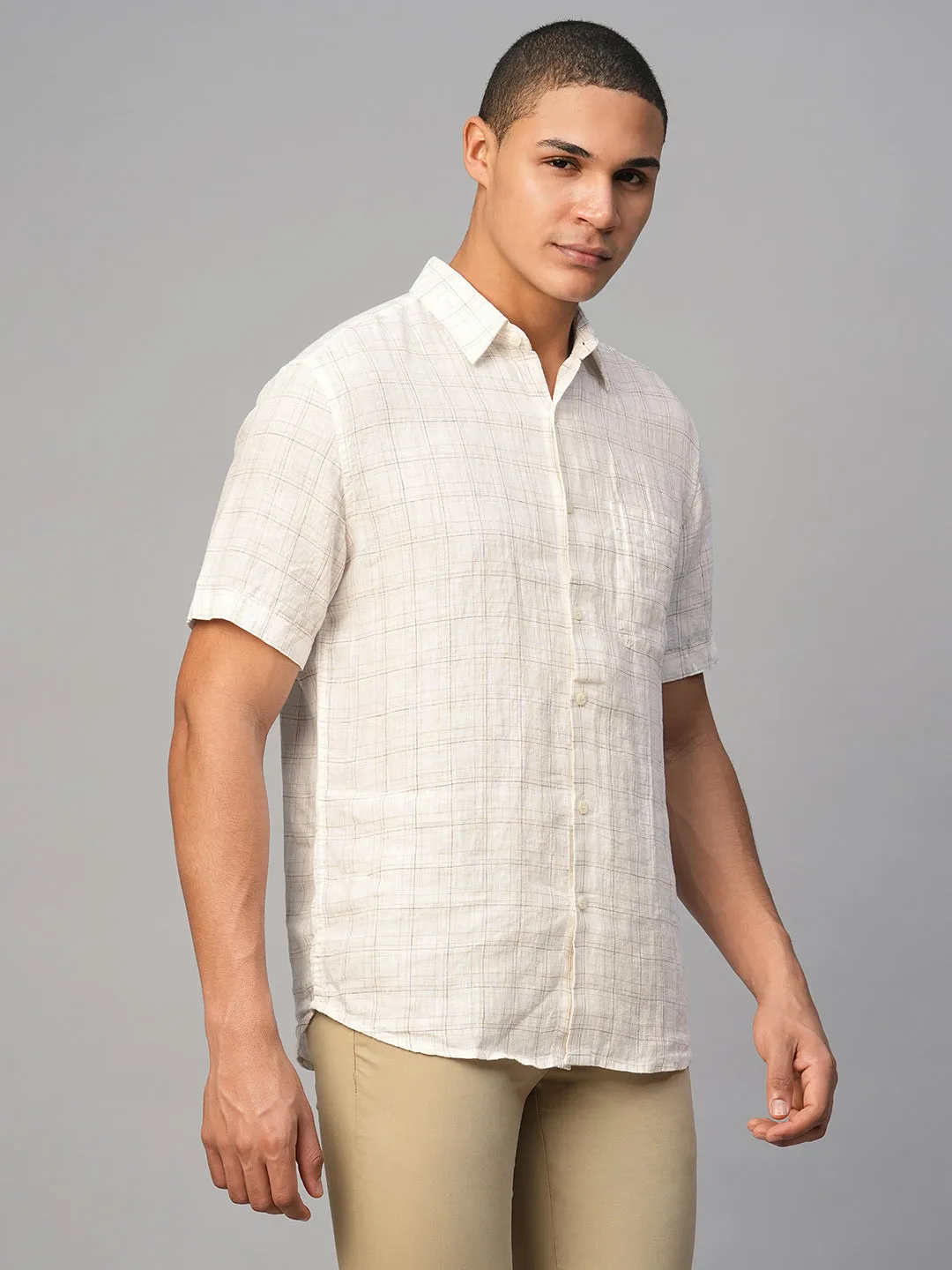 Men's White 100% Linen Regular Fit Checked Shirt