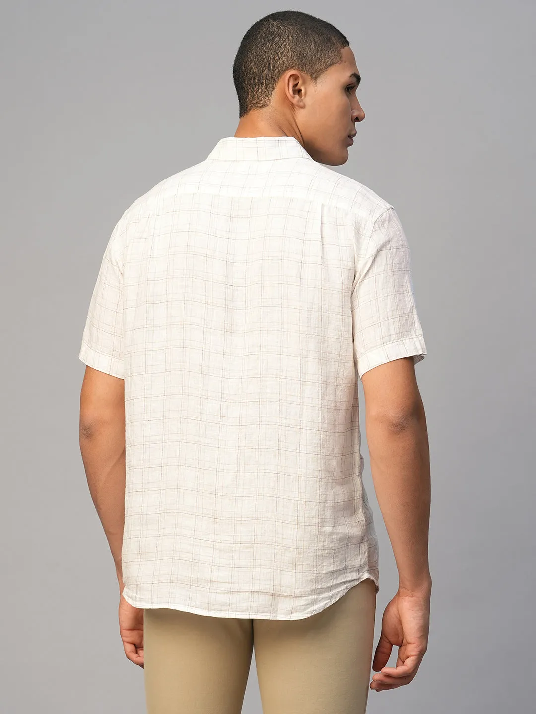 Men's White 100% Linen Regular Fit Checked Shirt