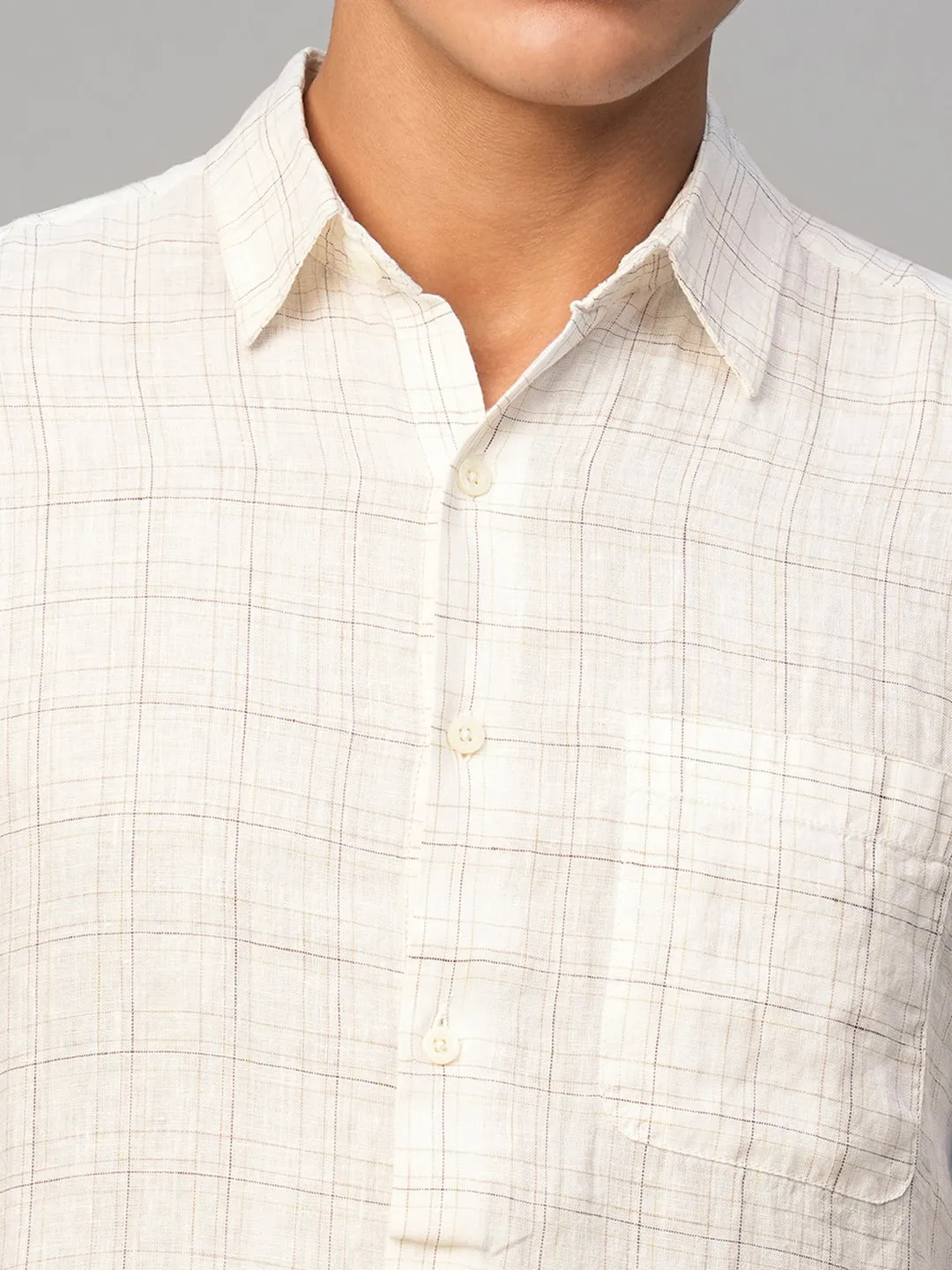 Men's White 100% Linen Regular Fit Checked Shirt