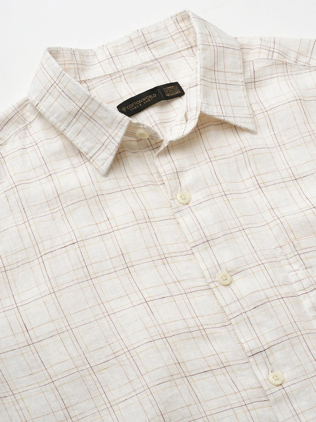 Men's White 100% Linen Regular Fit Checked Shirt