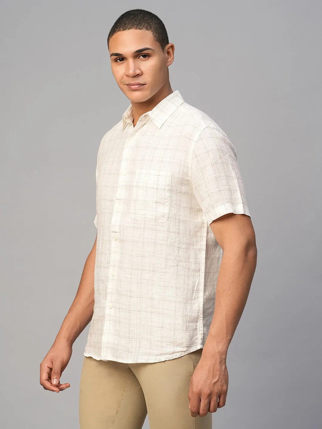 Men's White 100% Linen Regular Fit Checked Shirt