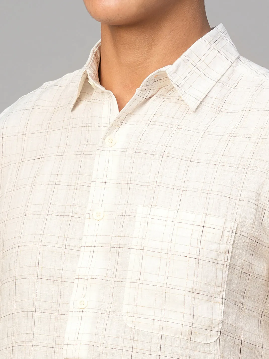 Men's White 100% Linen Regular Fit Checked Shirt