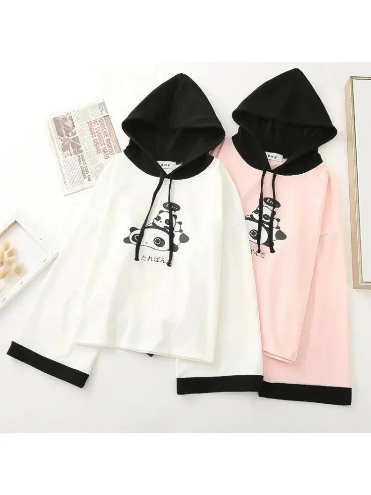 Metaversmall Panda Print Cute Cotton Hooded Sweatshirts For Women Long Sleeve Drawstring Hoodies Sweet Style Tops 2021 Summer Kawaii Clothes