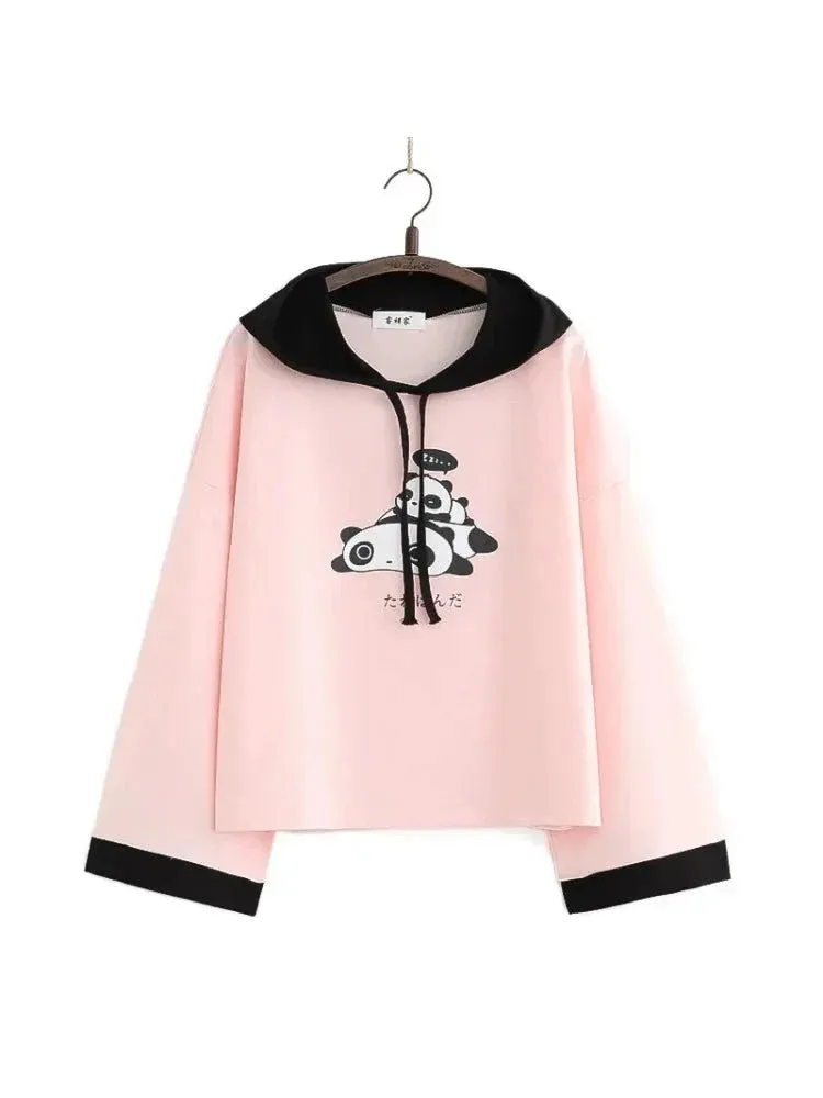 Metaversmall Panda Print Cute Cotton Hooded Sweatshirts For Women Long Sleeve Drawstring Hoodies Sweet Style Tops 2021 Summer Kawaii Clothes