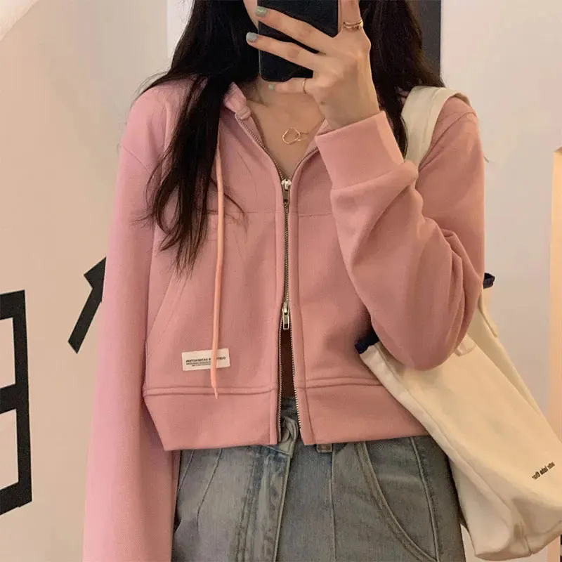 Metaversmall Zip-up Ins Loose Pure Color Female Hoodies Autumn Korean Style Simple Office Lady Pink Grey Apricot Black Women Hoodies