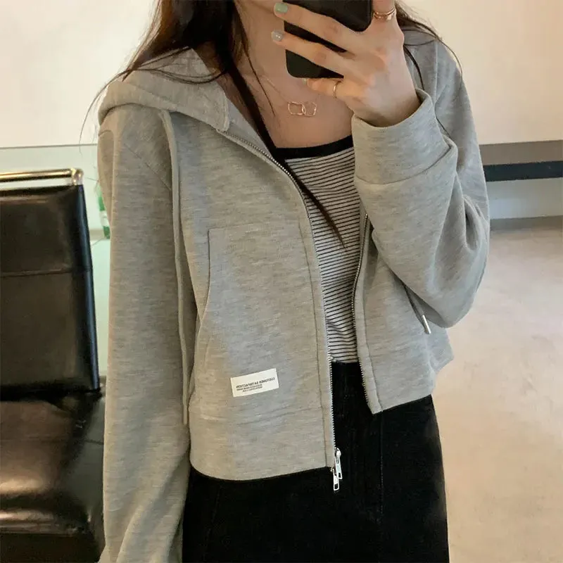 Metaversmall Zip-up Ins Loose Pure Color Female Hoodies Autumn Korean Style Simple Office Lady Pink Grey Apricot Black Women Hoodies