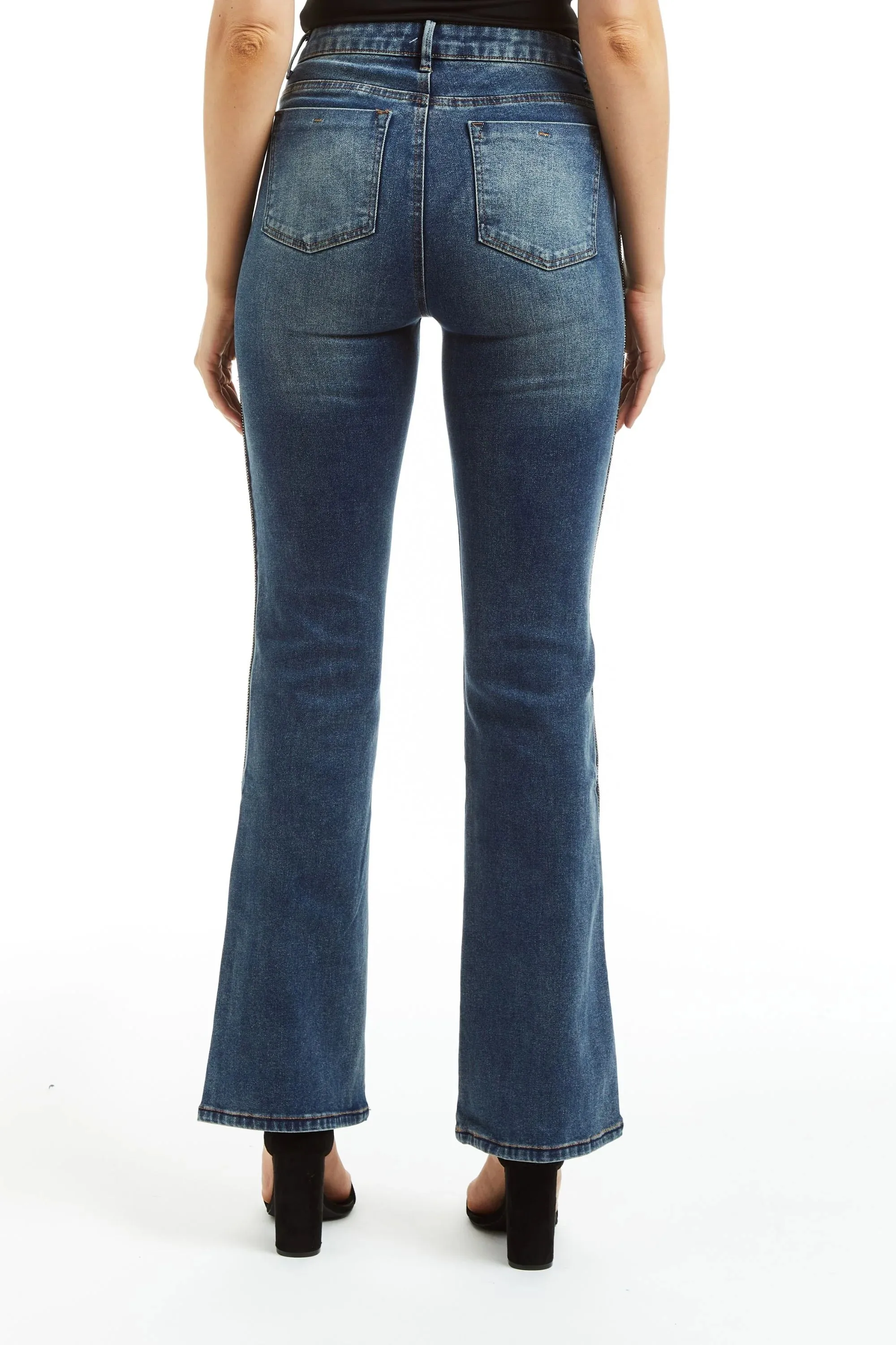 Mid Rise Bling Side Seam Piping Bootcut - Medium Indigo