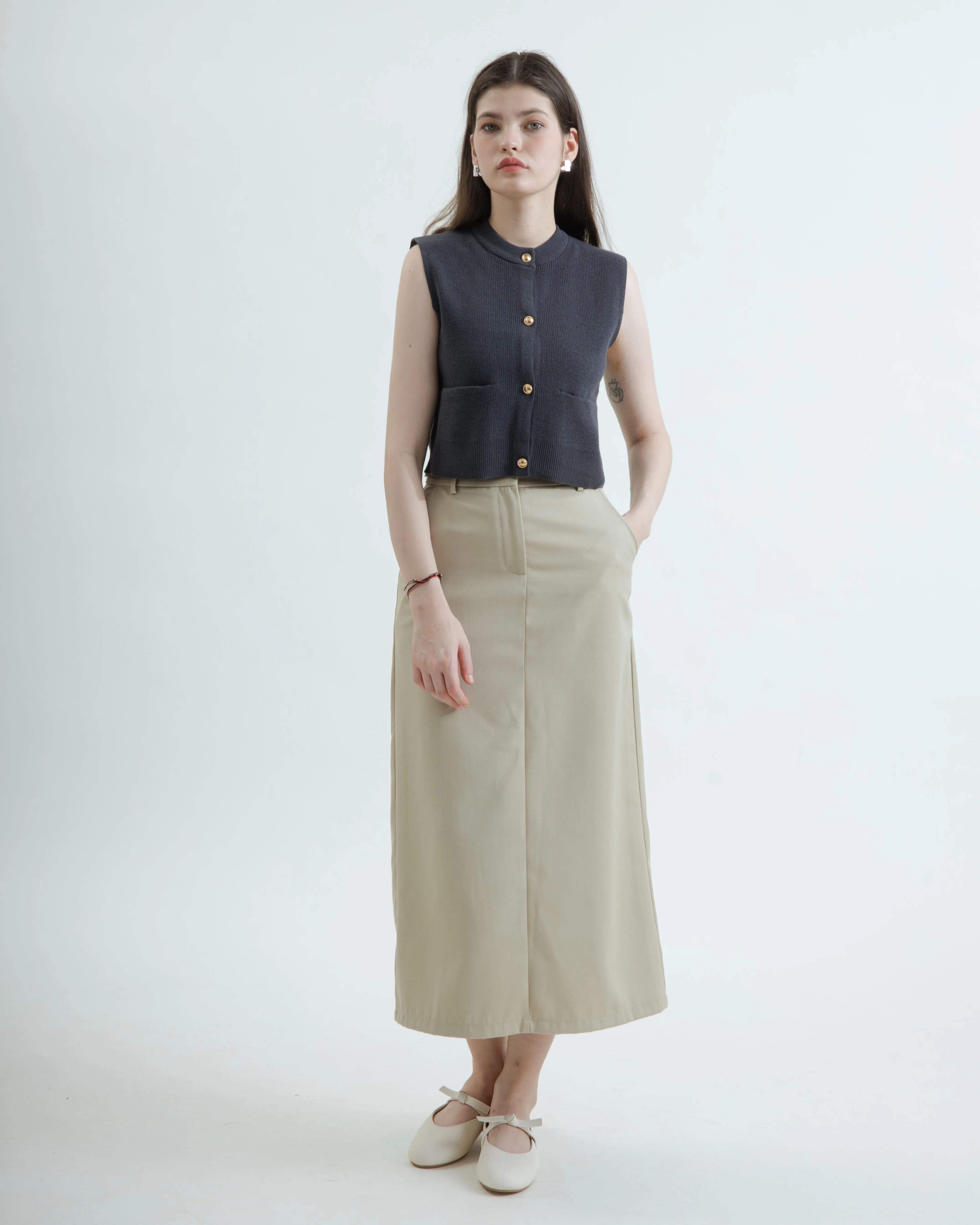 Mindy Back Elastic Tailored Skirt (Beige)