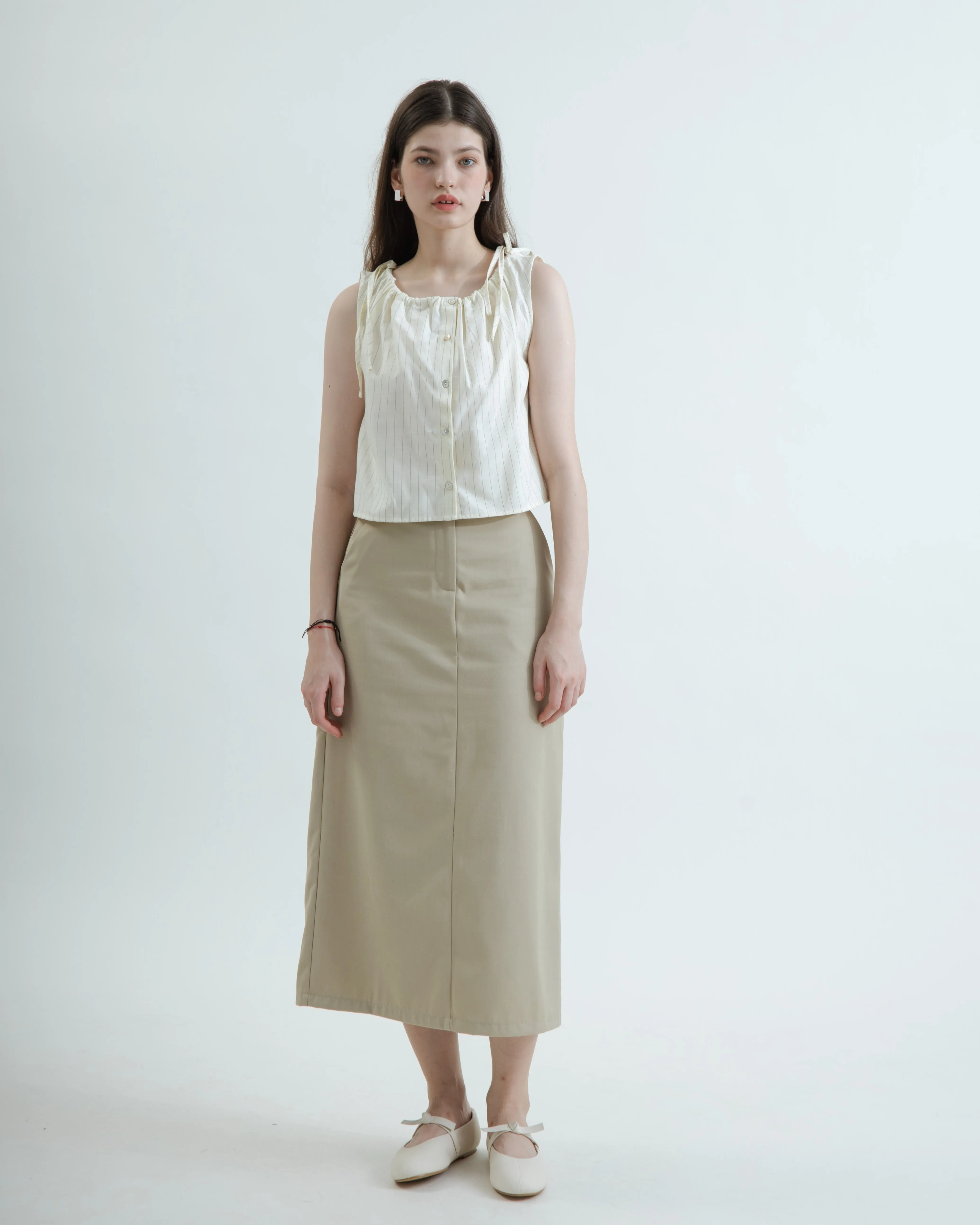 Mindy Back Elastic Tailored Skirt (Beige)