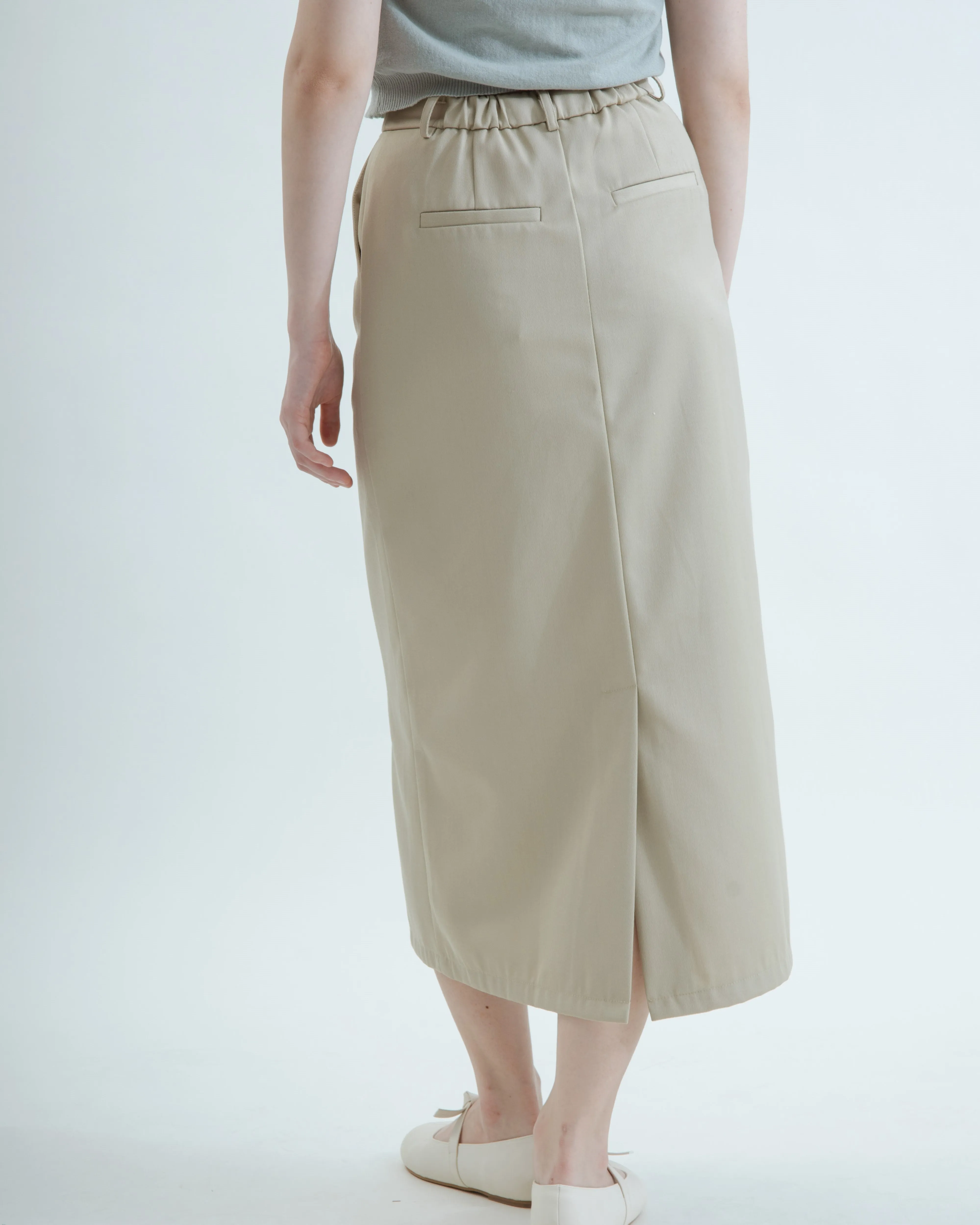 Mindy Back Elastic Tailored Skirt (Beige)