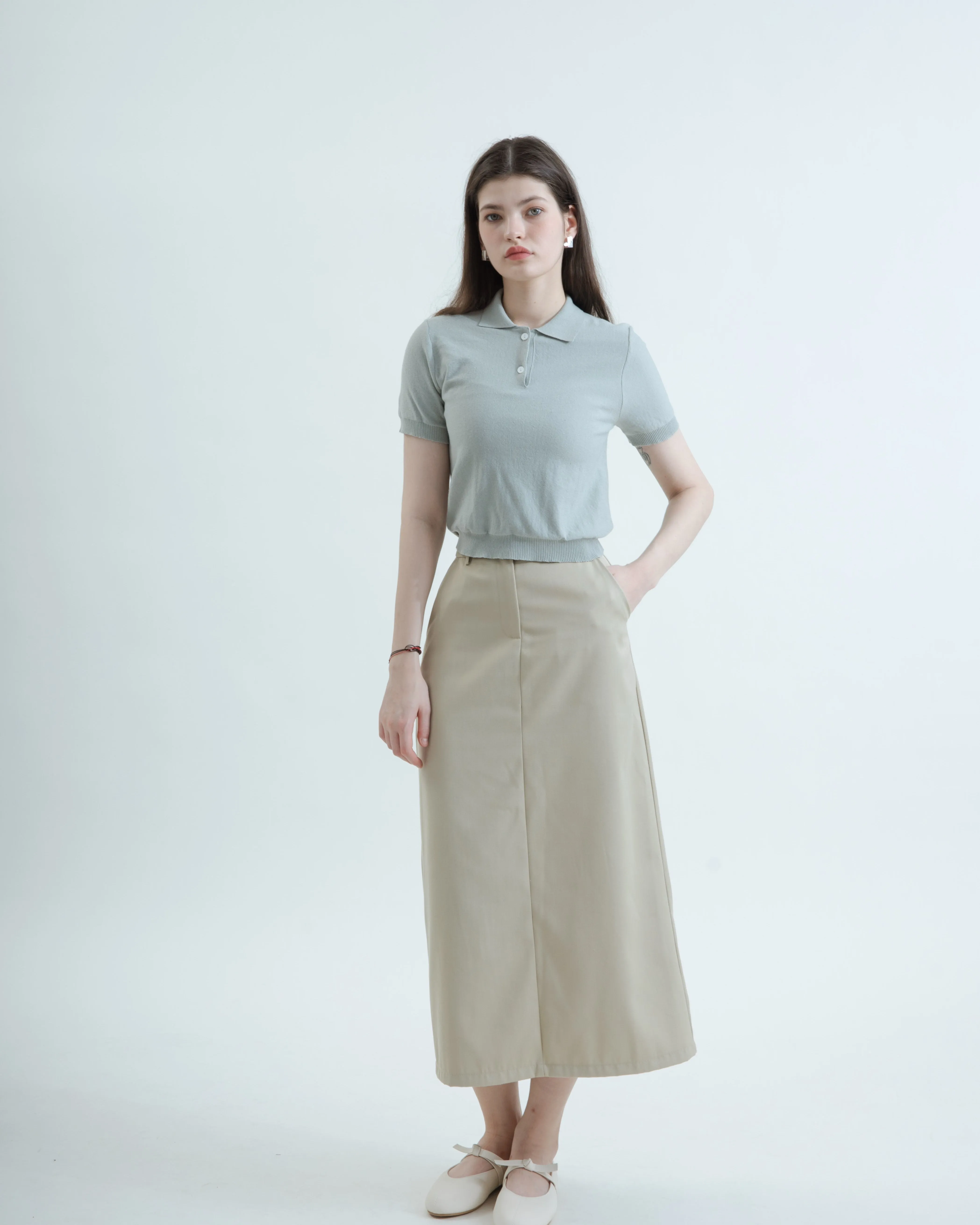 Mindy Back Elastic Tailored Skirt (Beige)