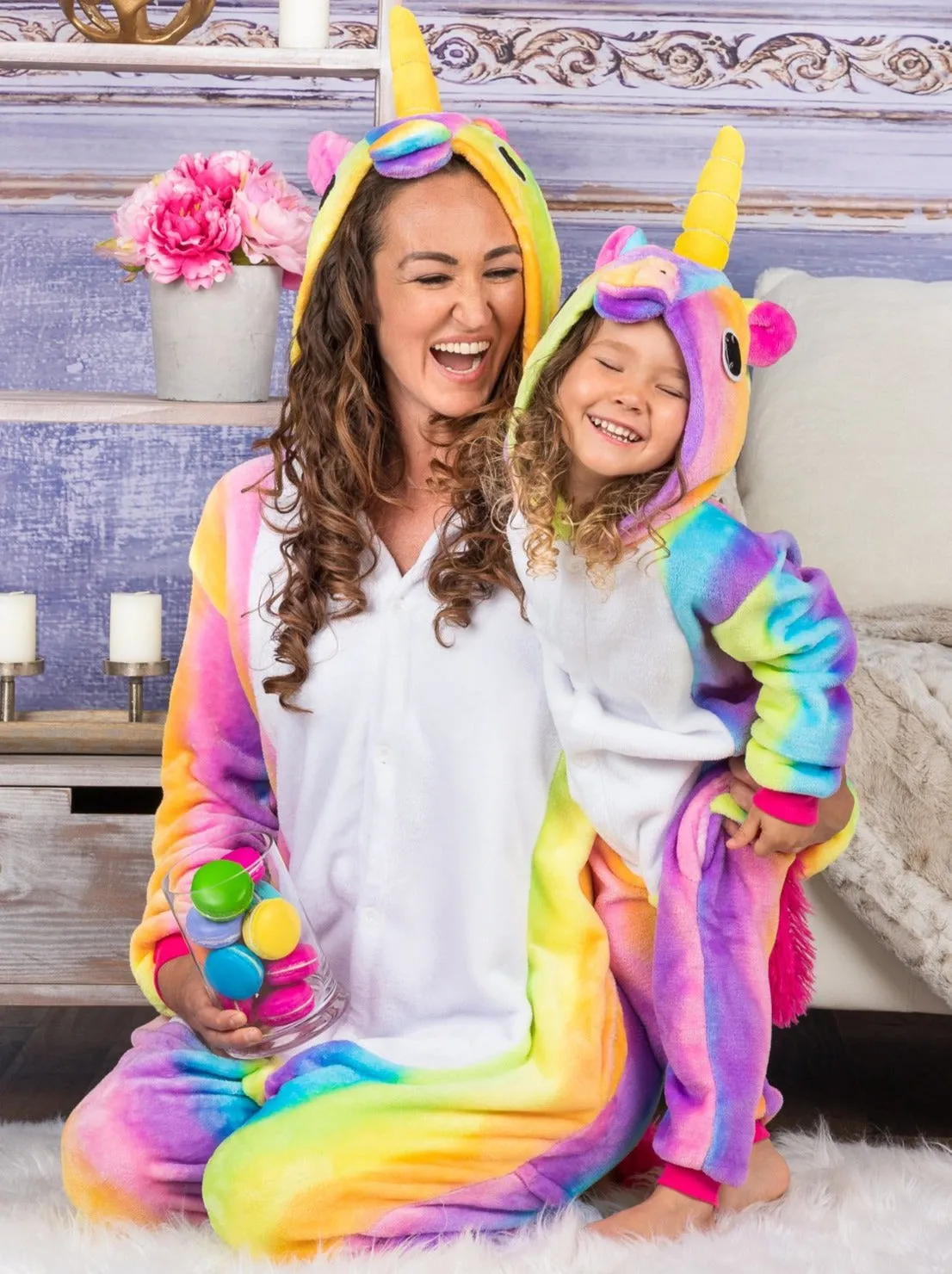 Mommy and Me Pastel Rainbow Unicorn Onesie Pajamas