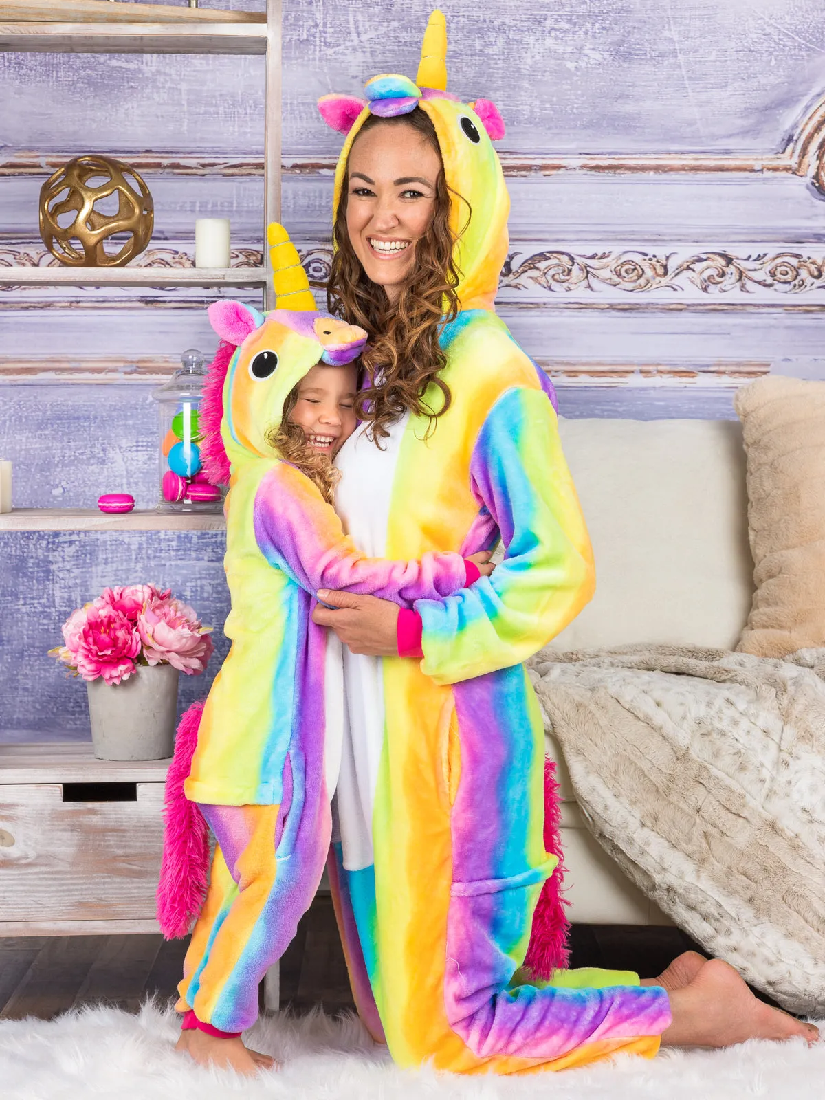 Mommy and Me Pastel Rainbow Unicorn Onesie Pajamas