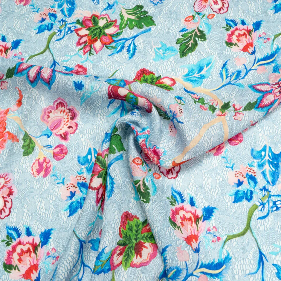 Multi Floral & Blue Lace Printed Linen