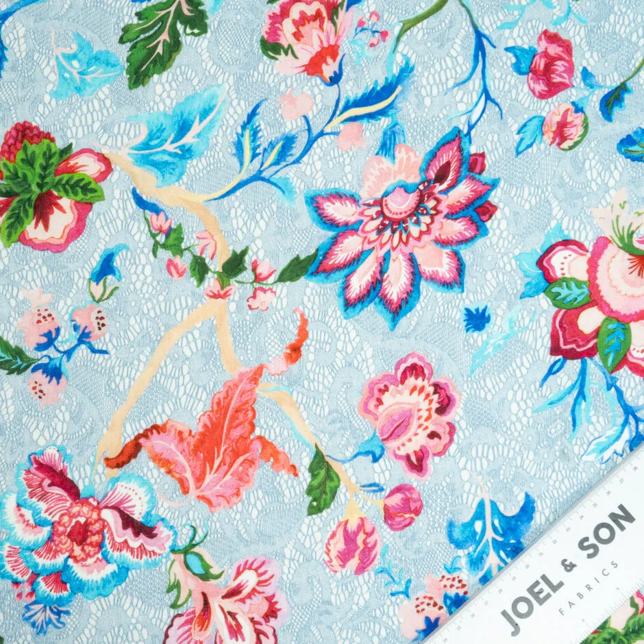 Multi Floral & Blue Lace Printed Linen