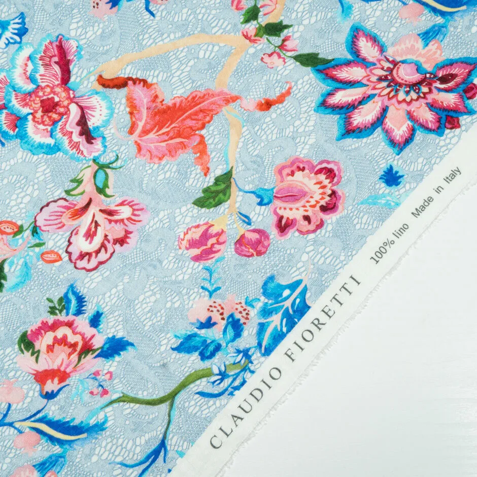 Multi Floral & Blue Lace Printed Linen