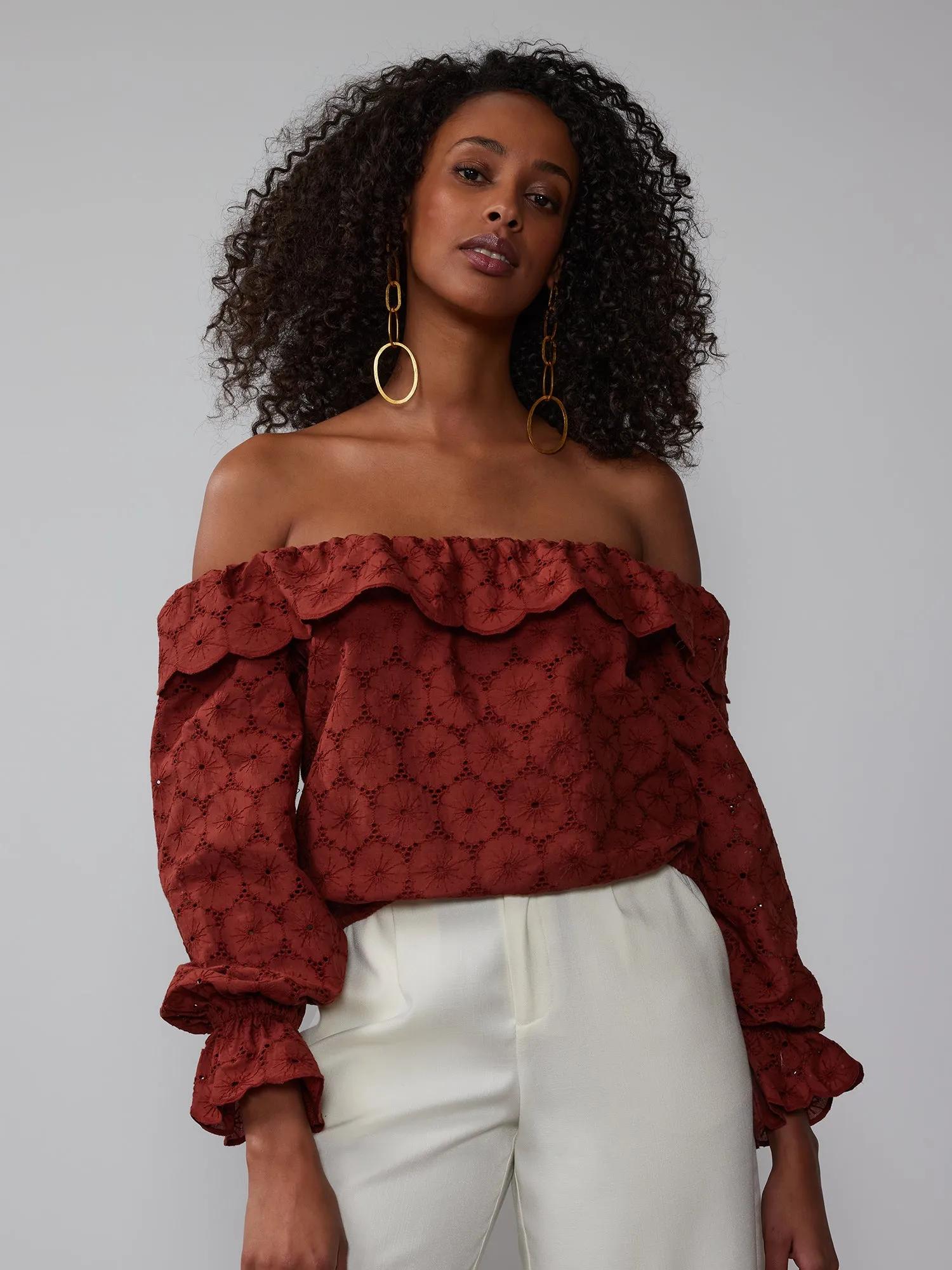 Off-The-Shoulder Eyelet Flounce Blouse