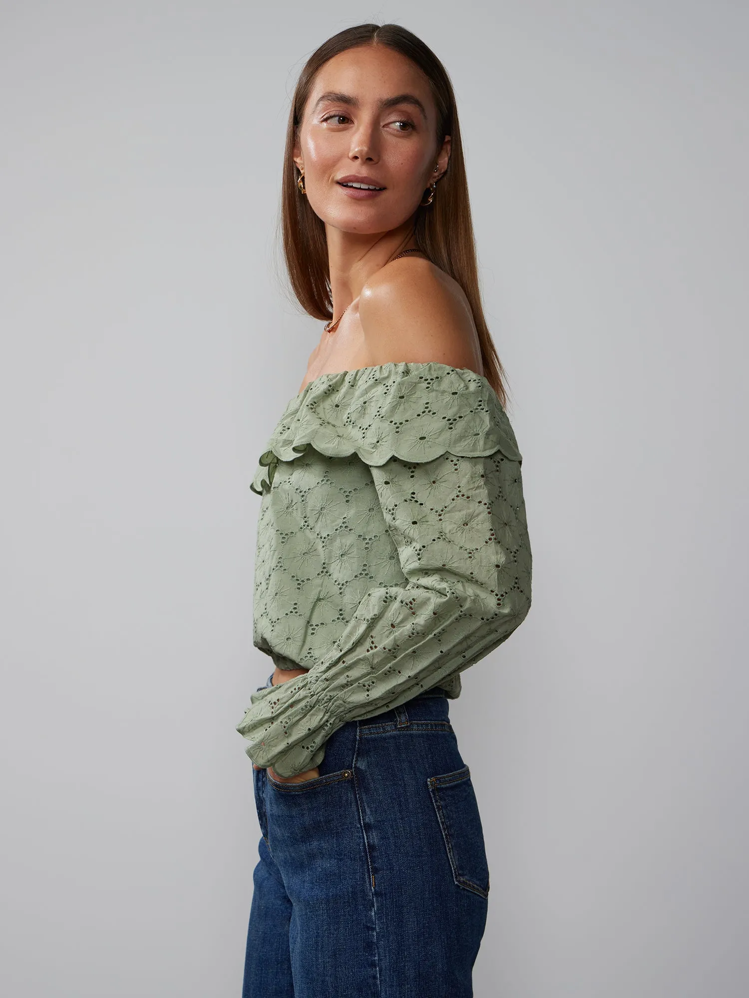 Off-The-Shoulder Eyelet Flounce Blouse