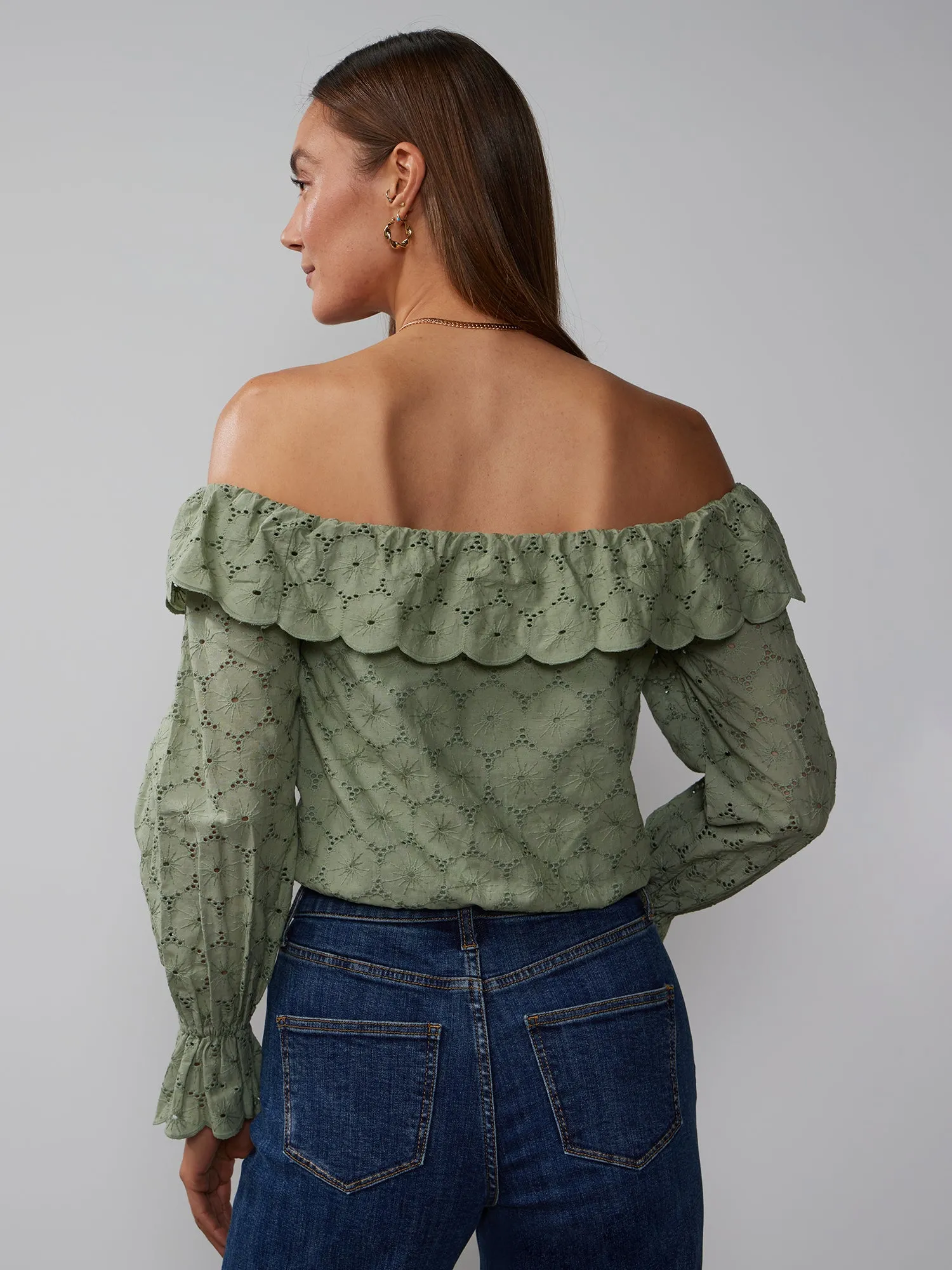 Off-The-Shoulder Eyelet Flounce Blouse